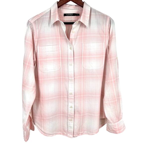 Ralph Lauren Tops - Ralph Lauren Womens Sz Large Pink White Long Sleeve Plaid Flannel Shirt Top